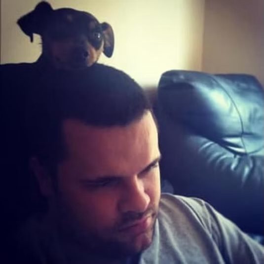 Deuce perched on top of Kyle's head
